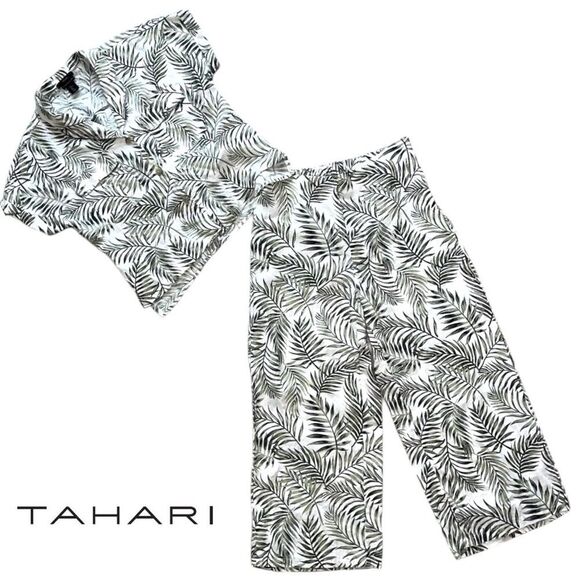 Tahari Pants - Tahari 2 Piece Linen Short Sleeve Shirt Wide Leg Crop Pants, Size Medium